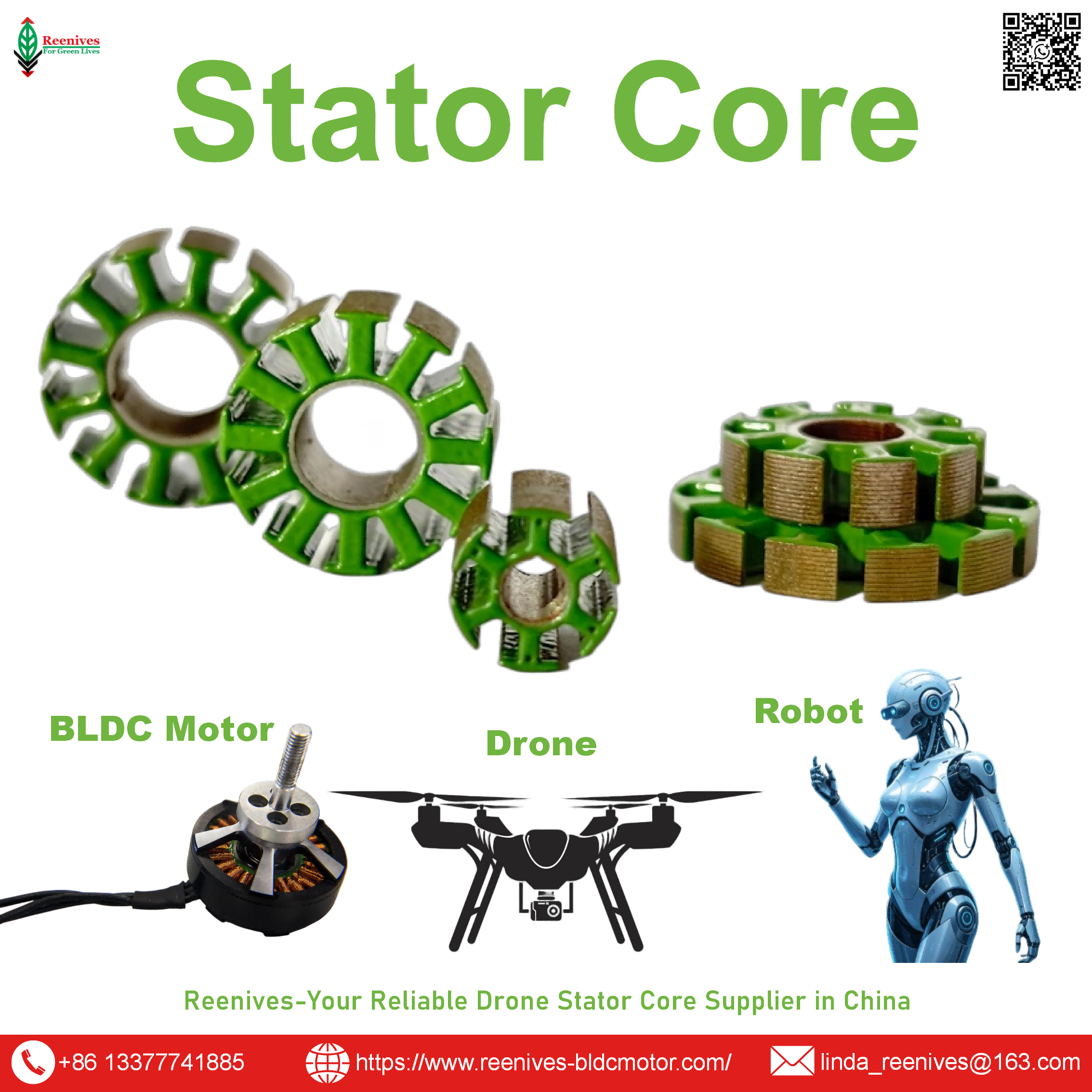 Precision brushless DC motor stators. For drones, e-scooters, industrial drives. Fast sampling. Leading China supplier. Reenives.